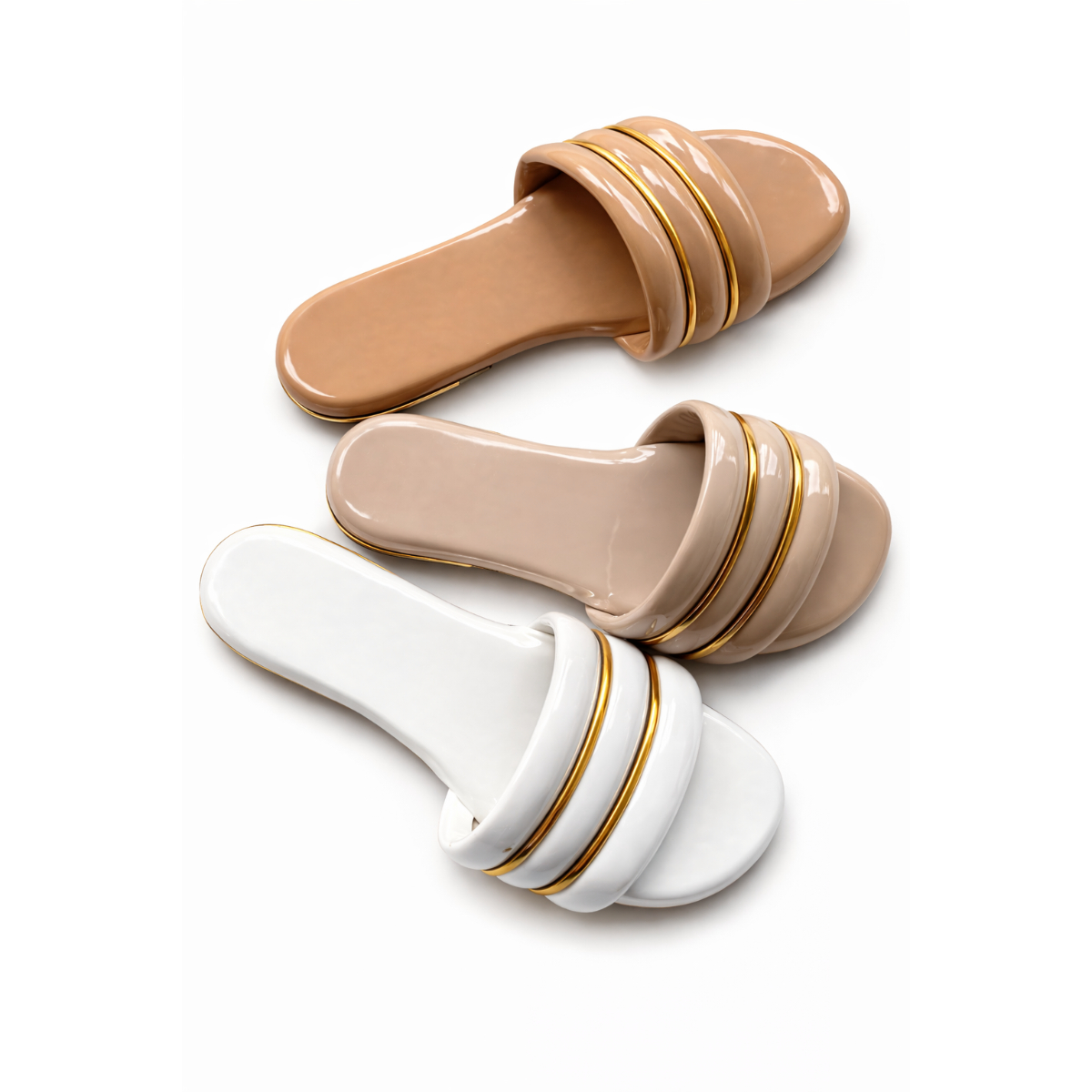 Glossy Triple Strap Flat Slide Sandals